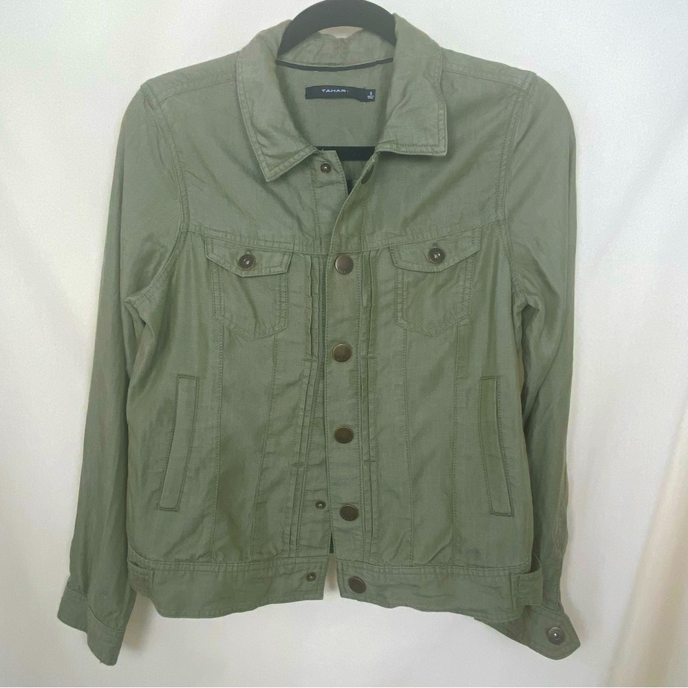 Tahari Olive Tencel Lightweight Snap Closure Natural Fibers Pin Tuck Jacket
